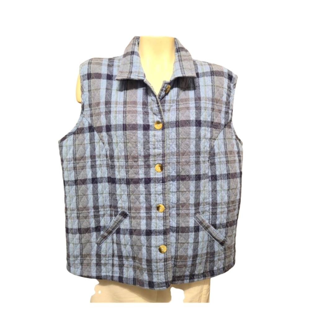 VINTAGE Quilted Cotton Vest BY COMPANY ONE WOMAN Blue And Grey Plaid Size 2X